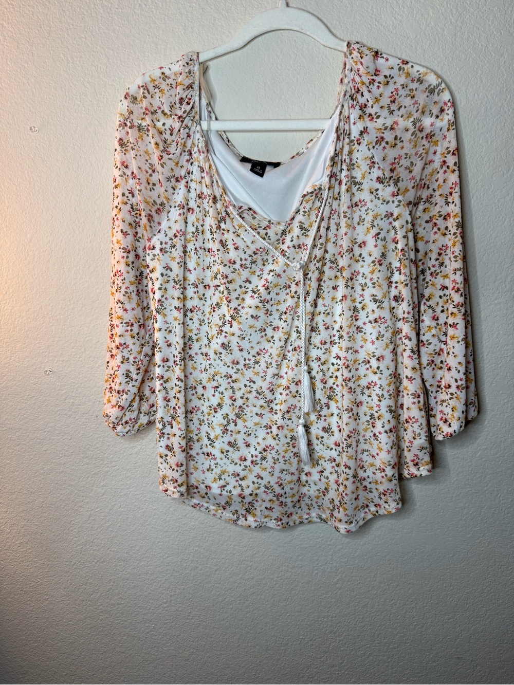 Floral Tie-Front V-Neck Blouse - White with Pink & Yellow Print